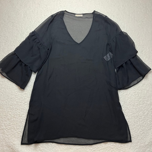 Michael Kors Black Sheer Ruffle Sleeve V Neck Mini Dress Tunic XS - Picture 2 of 10